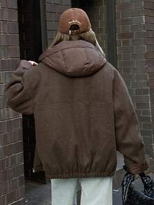 DAZY 女士纯色长袖拉链前开襟休闲宽松连帽冬季外套 - 棕色 - 查看 6