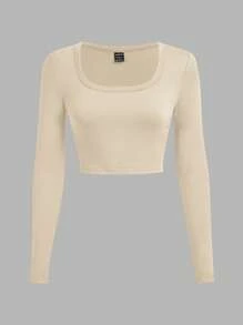 SHEIN EZwear 3件套休闲U领紧身短款长袖T恤，深棕色，卡其色，浅杏色，适合秋冬 - 彩色 - 查看 7