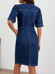 EURMUSE Women's Short Puff Sleeve Single-Breasted Fitted Elegant Denim Dress Long Sleeve Denim Dress Button Down Denim Dress Denim Dress Women Jeans Dress - Dark Wash - View 3