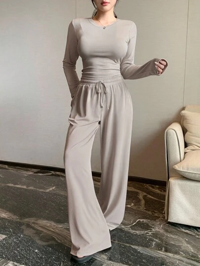 DAZY 女士纯色休闲两件套服装 - 直筒裤和基本款上衣，适合户外穿着和家居服，春夏秋