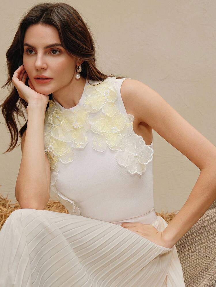 Elegant Date/Holiday Beaded 3D Floral Decor Knit Stretchy Fitted Camisole Top, Spring/Autumn