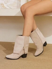 Styleloop 女士休闲时尚百搭粗跟简约中筒靴，适合西式、圣诞节、万圣节、秋季 - 卡其色 - 查看 3
