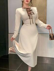 DAZY Women's Elegant Contrast Color Tie Waist Mid-Length Dress, Autumn Maxi Dress - Beige - View 5
