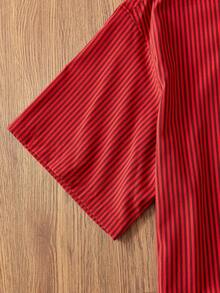 Manfinity VCAY 男士时尚休闲宽松短款方正条纹字母刺绣T恤，情侣装 - 紅色 - 查看 5