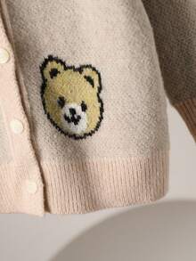 SHEIN Young Girls Crew Neck Cardigans, Autumn/Winter Sweater Jackets With Cute Bear Jacquard Decoration, Suitable For Casual Wear, Outings And Travel - Khaki - View 5
