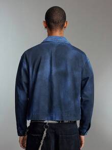 ROMWE MEN Street Life Áo khoác denim dáng rộng thoải mái có khóa kéo phía trước dành cho nam, mùa thu - Màu xanh hải quân - Xem 3