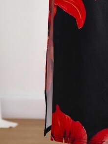 少女黑色休闲花卉印花不对称褶饰修身迷你裙两件套，度假装，复古花卉套装 - 黑色 - 查看 5