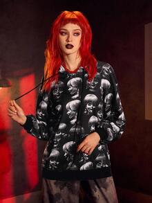ANNABELLE x SHEIN 女式休闲深色风格全身印花落肩宽松口袋抽绳连帽衫 - 黑色 - 查看 3