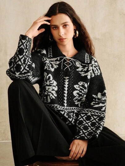 Women's Floral Jacquard Tie Collar Loose Long Sleeve Sweater, Autumn