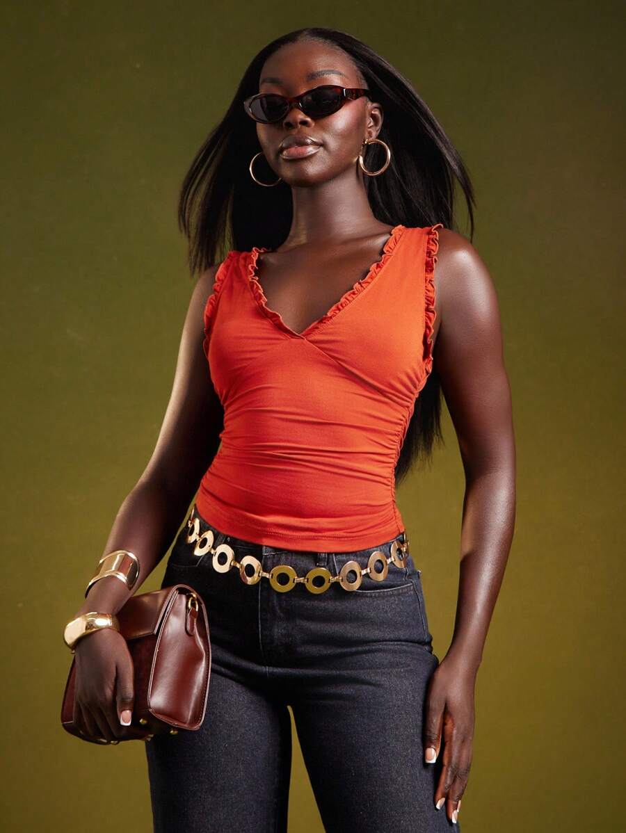 NYA SZN 深V领修身荷叶边上衣，适合度假、日常休闲、海滩、节日嘉年华等场合。 - 紅色 - 查看 1