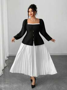 Elenzga Vestido curto plus size com decote quadrado e manga bufante, saia plissada, slim - Preto e Branco - Ver 5