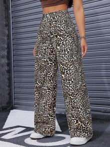 SHEIN ICON 女士高腰豹纹阔腿宽松休闲牛仔裤 - 彩色 - 查看 4