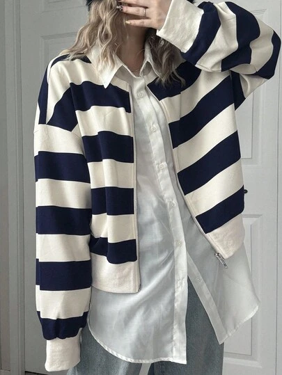 FRIFUL 女士圆领前开条纹面料宽松灯笼袖厚学院风长袖运动衫夹克