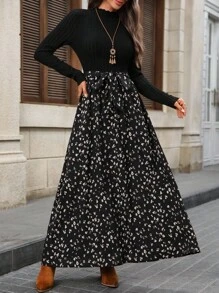 EMERY ROSE Women's Floral Print Stand Collar Elegant Long Sleeve Dress Maxi Long Sleeve Dress Long Casual Dress Animal Print Maxi Dress Modest Maxi Dress Black Tie Waist Maxi Dress Fall Clothes For Women,Fall Dresses For Women,Dresses For Women Elegant  Dresses For Women Elegant  Dresses For Women Elegant
