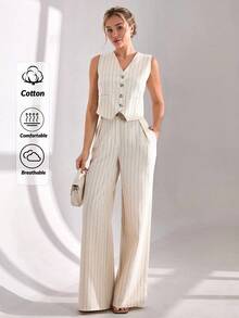 CLARA VERO 女士条纹两件套背心和裤子套装 - 米色 - 查看 5