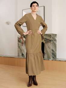 Uhlyne Women's Vintage V-Neck Commuter Dress, Old Money Style, Basic V-Neck Long Sleeve Fitted Sexy Elegant Pleated Hem With Zipper Fall Cloth For Women