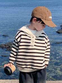 SHEIN Baby/Toddler Unisex Colorblock Striped Hooded Cardigan Sweater, Soft & Comfortable For Everyday Casual Wear, Suitable For Indoor, Outdoor, Daily, Sports, Play, Party, Photo Shoot, Holiday, Autumn/Winter Korean Style Sweater Baby Korean Style Sweater Baby Sweater Baby Girl 18-24 Month Clothes Baby Striped Sweater Striped Sweater Fall - Black and White - View 1