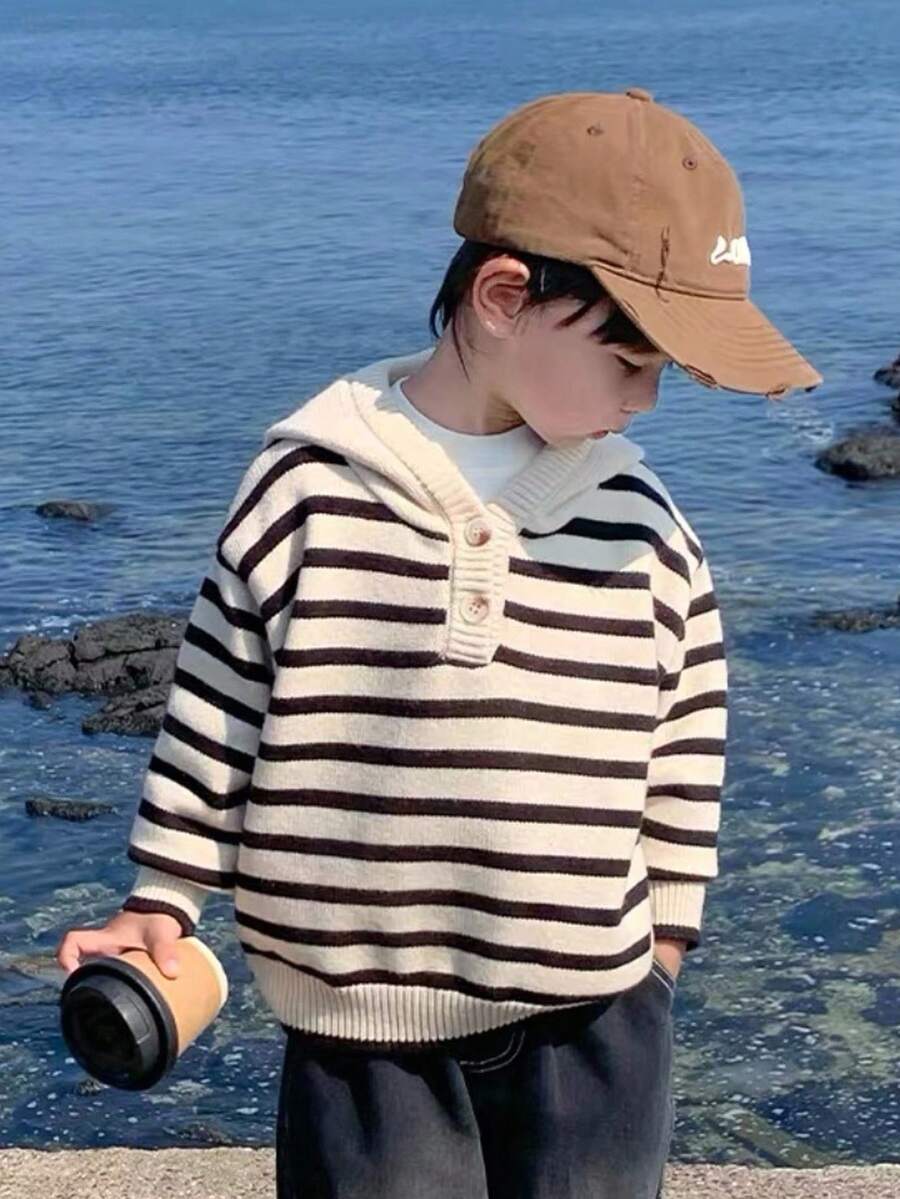 SHEIN Baby/Toddler Unisex Colorblock Striped Hooded Cardigan Sweater, Soft & Comfortable For Everyday Casual Wear, Suitable For Indoor, Outdoor, Daily, Sports, Play, Party, Photo Shoot, Holiday, Autumn/Winter Korean Style Sweater Baby Korean Style Sweater Baby Sweater Baby Girl 18-24 Month Clothes Baby Striped Sweater Striped Sweater Fall - Black and White - View 1