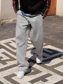 DAZY 男士纯灰色直筒抓绒运动裤，街头风，秋冬男士慢跑裤商务装 - 灰色 - 查看 1