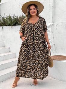 SHEIN CURVE+ 加大码 V 领短袖豹纹优雅宽松连衣裙，带口袋 - 卡其色 - 查看 8