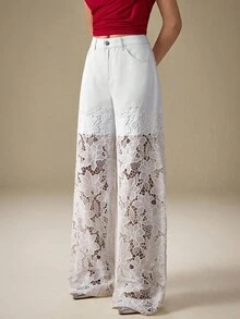 Selenza Quần Jeans Ống Rộng Phối Ren Hoa Chắp Vá Cho Nữ - trắng - Xem 4