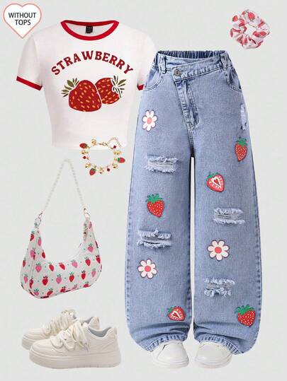 Jeans rectos de mezclilla azul claro con estampado de fresa para niñas preadolescentes, cómodo y dulce estilo casual para vacaciones y escuela. Tela de mezclilla azul claro suave, cintura elástica + cremallera + diseño de talle alto, se ajusta perfectamente a las niñas. Adecuado para salidas diarias, estilo casual de campus, temporada de regreso a clases, paseos de vacaciones y talla grande. ¡Conviértete en una fashionista de estilo callejero!