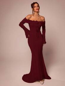 SHEIN BAE Trang phục Tea Break ngọt ngào và thanh lịch Đầm maxi trễ vai tay dài Trang phục hẹn hò Đầm hoa 3D - Màu Đỏ Sâu - Xem 3