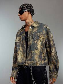 ROMWE MEN Grunge Punk Men's Autumn Leopard Print Single-Breasted Casual Loose Denim Jacket - Brown - View 5