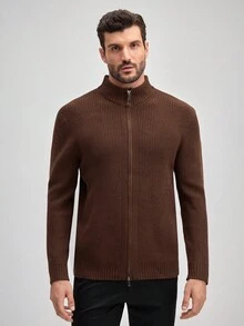 OFFICEAU 男士 Old Money 拉链立领针织开衫，纯咖啡棕色，秋冬款