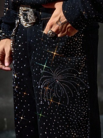 Street Life Herren Jeans mit weitem Bein und Strass-Verzierung an der Tasche, lässig und locker