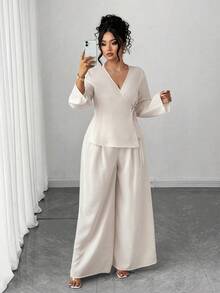 SHEIN Elenzya 女士优雅裹身衬衫长袖宽松裤加大码两件套，适合约会、工作、通勤和休闲办公室穿着，杏色针织外出上衣 - 杏色 - 查看 7