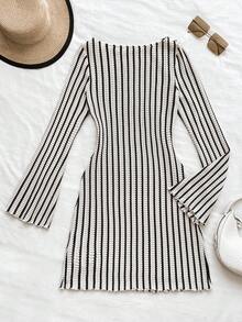 少女针织条纹提花圆领喇叭袖修身优雅连衣裙 - 彩色 - 查看 2