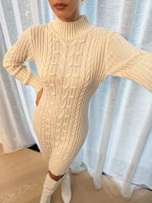 Lavishia Vestido de punto ajustado de unicolor con cuello alto para mujer, otoño/invierno - Albaricoque - Ver 1