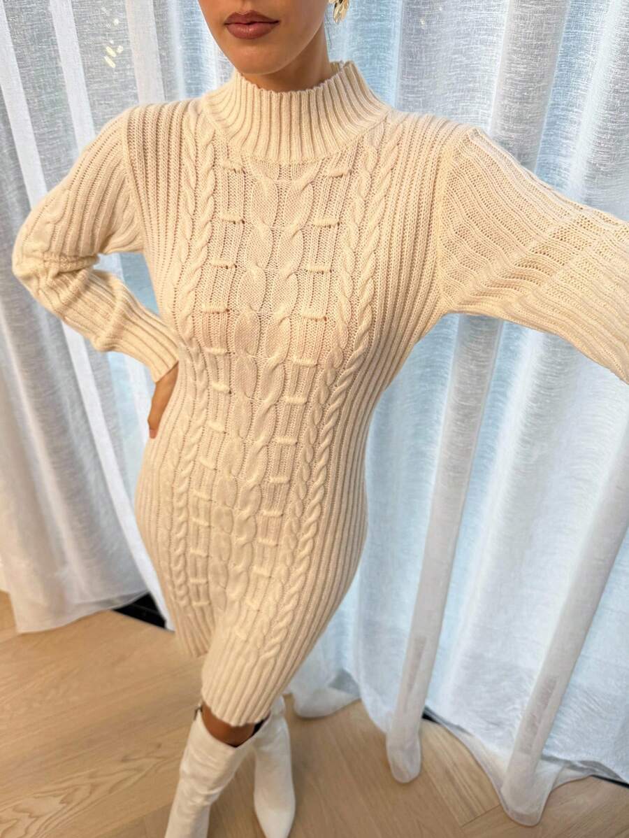 Lavishia Vestido de punto ajustado de unicolor con cuello alto para mujer, otoño/invierno - Albaricoque - Ver 1