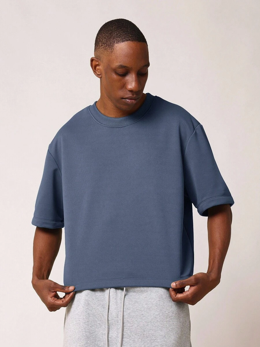 SUMWON Classic Oversized Short Sleeve T-Shirt Boxy Fit Premium Jersey Casual Street Style Regular Length Ribbed Neckline Plain - Dusty Blue - View 1