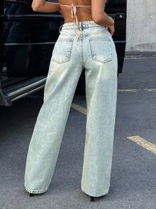 CasuGlow Thắt lưng quần jean ống đứng rộng rãi cạp thấp chi tiết - Rửa nhẹ - Xem 2