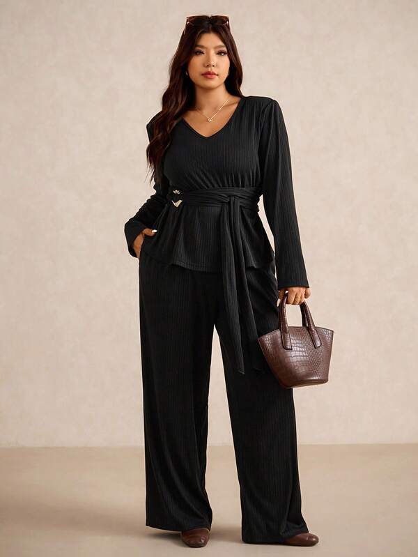 Elaquor Plus Size Women V-Neck Long Sleeve Knotted Waist Top And Pants Casual Suit