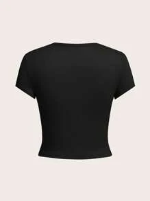 SHEIN EZwear Bộ 4 áo thun bodycon cổ tròn tay ngắn cho nữ, mặc thường ngày mùa hè - Nhiều màu - Xem 2
