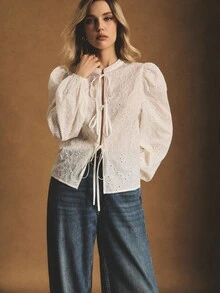 Poéselle White Eyelet Lace Tie-Front Puff-Sleeve Blouse , Romantic Cottagecore Statement Top, Eyelet Blouse, Tie Front Top, Puff Sleeve Blouse, White Lace Shirt, Cottagecore, Vintage Inspired Top, Feminine Fall Look, Boho Chic Blouse, Women's Floral Embroidery Front Tie Lantern Sleeve Casual Shirt, Simple And Fashionable, Suitable For Daily Wear, Going Out, Commuting, Dating, Home And Other Occasions - White - View 4