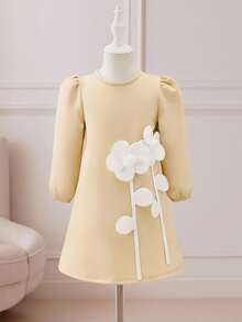 Glamorique Kids 少女纯色3D花卉可爱设计派对花童连衣裙，秋冬 - 杏色 - 查看 1