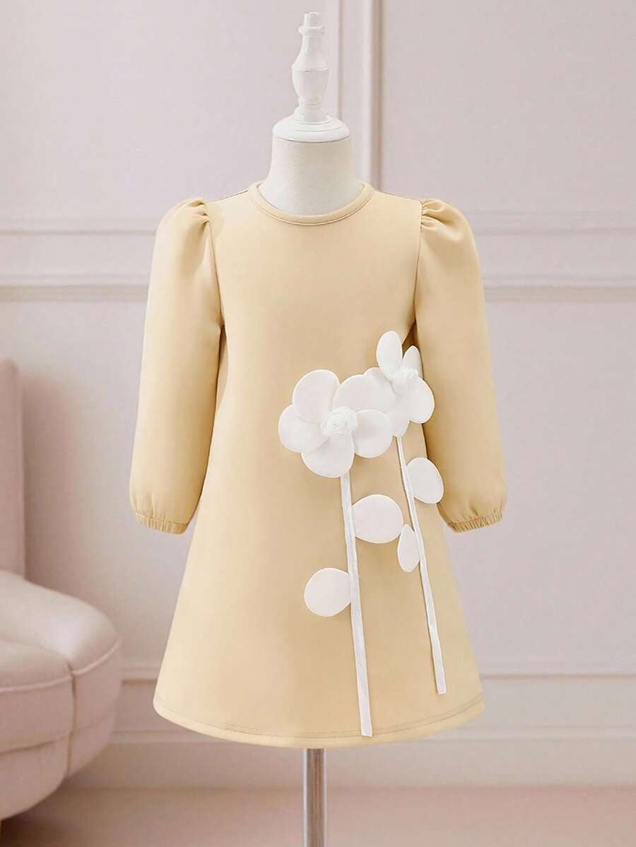 Glamorique Kids 少女纯色3D花卉可爱设计派对花童连衣裙，秋冬 - 杏色 - 查看 1