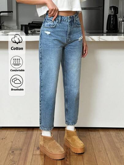 EURMUSE 100% Baumwolle HIGH RISE MOM CUT GERISSENE DAMEN JEANS