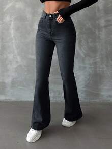 EURMUSE 98%Cotton Women's High Waisted Flared Y2K Jeans - Dark Wash - View 5