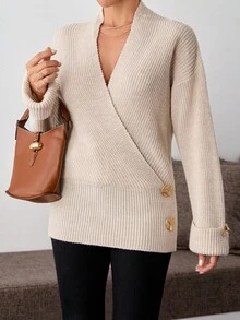 EURMUSE Women's Autumn V-Neck Dropped Shoulder Long Sleeve Metal Button Design Fashion Off Sweater Top Jumper Apricot Christmas Ladies Brunch Casual - Beige - View 6