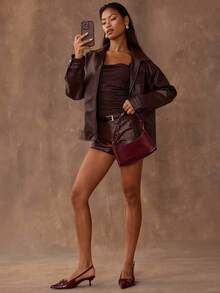 SHEIN BAE Autumn/Winter Women's Solid Color PU Leather Lychee Texture Zipper Casual Versatile Long Sleeve Jacket, Fashionable Jacket,Fall,Brown - Coffee Brown - View 3