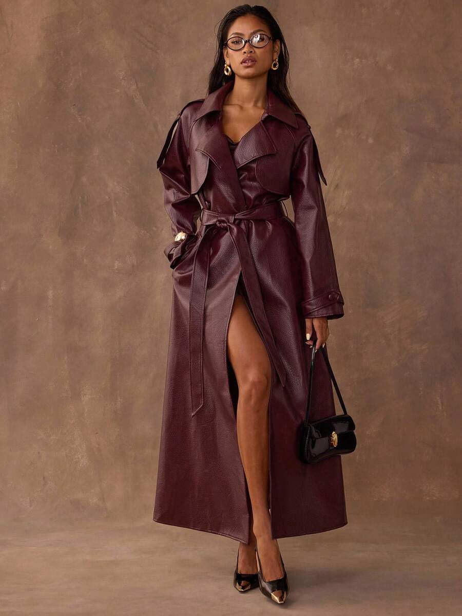 SHEIN BAE Autumn/Winter Fashion Women's Long Leather Burgundy Trench Coat,Burgundy Coat,Burgundy Fashion Coat,Versatile And Practical Coat,Fall - Burgundy - View 1