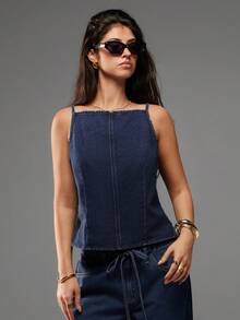 SHEIN Forever 21 夏季女装浪漫/舞会/正式/生日/90年代/商务休闲/优雅/西部风/外出/时尚/休闲/千禧年/夜店/办公室/鸡尾酒会/复古/锐舞节/趣味/高贵/老钱/街头风/度假/乡村音乐会/工作/端庄/春假/单身派对/演唱会/酷女孩/基础款/毕业/A字裙/牛仔/无袖/7月4日女装/海滩度假/学校/圣诞节/夜店/牛仔上衣 - 藏蓝色 - 查看 2