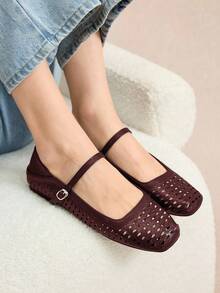女士圆头编织+PU拼布平底一脚蹬鞋 - 酒紅色 - 查看 4
