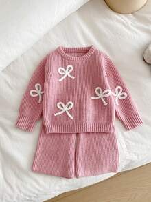 SHEIN Vintaside Kids 女宝宝时尚百搭可爱休闲蝴蝶结毛衣和针织裤套装
