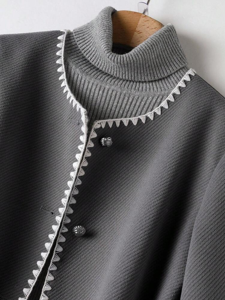 Women's Casual Daily Contrast Stitch Trim Single-Breasted Woolen Coat, Autumn/Winter